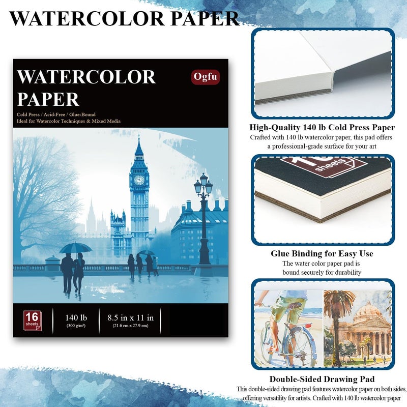 Ogfu Water Color Paper 8.5 x 11, Water Color Sketch Books 16 Sheets (32 Pages), Cold Pressed 140 lb Watercolor Paper Pad, 300gsm Thick Paper for Watercolor Painting, Drawing & Art Supplies. - Image 4